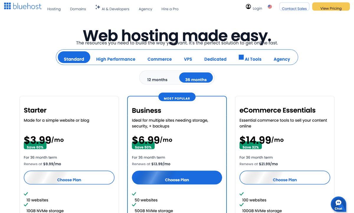 Bluehost - planos e precos reais (Starter, Business, eCommerce)