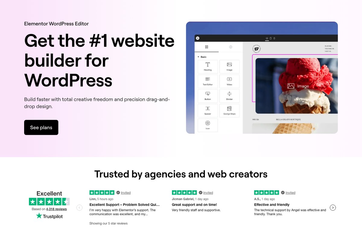 Página oficial do Elementor com avaliações do Trustpilot e botão para ver os planos