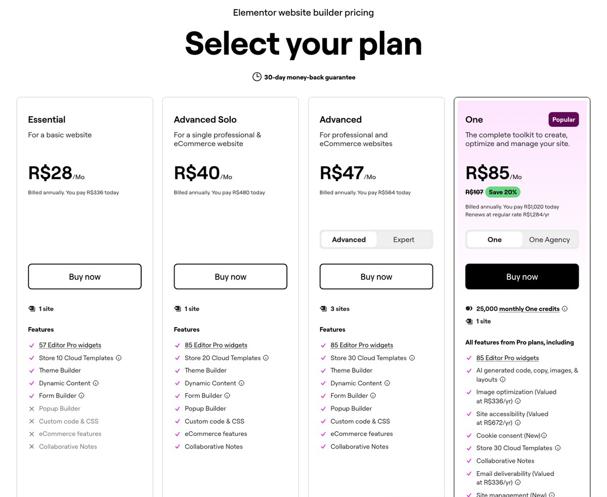 Página oficial de planos do Elementor com Essential, Advanced Solo, Advanced e One em reais