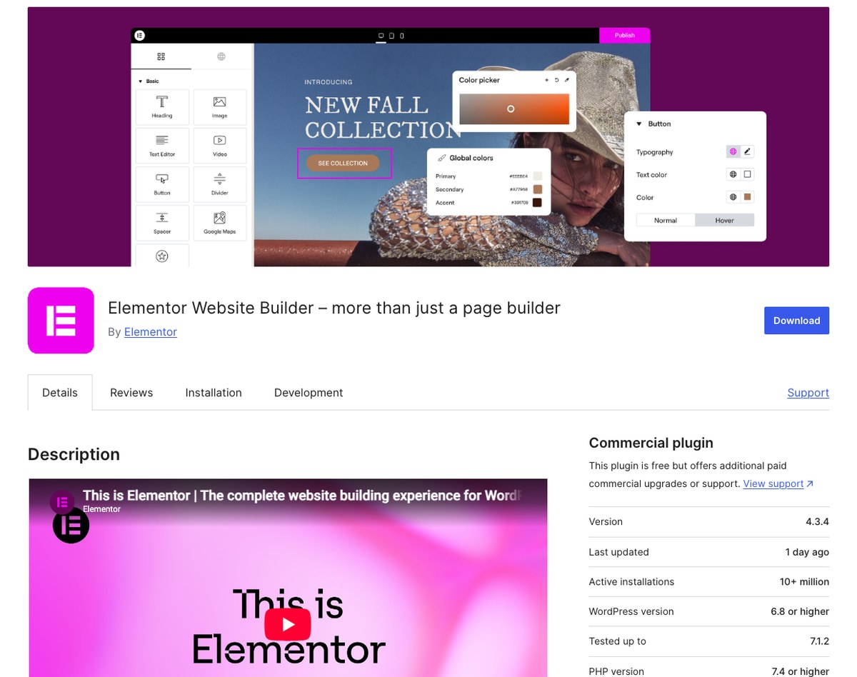 Página do Elementor no diretório oficial do WordPress com mais de 10 milhões de instalações ativas