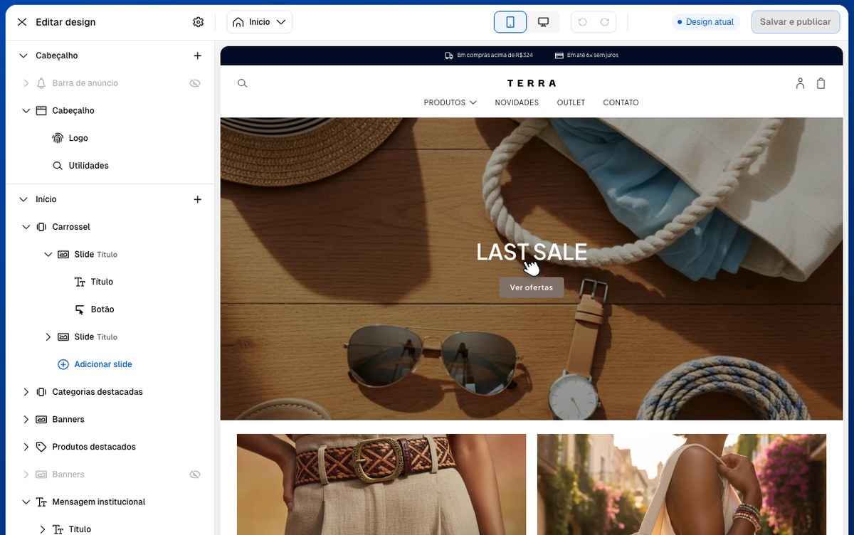 Editor visual da Nuvemshop com árvore de seções e prévia da loja no celular